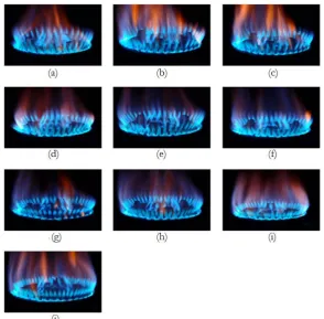 Fig. 7. The flame direction of improved angles of inner port under 40 kPa: (a) FM, (b) R, (c) S, (d) T, (e)  U, (f) V, (g) W, (h) X and (i) Y