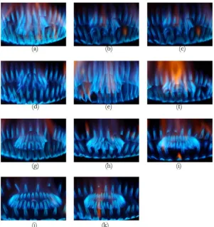 Fig. 8. The flame direction of improved numbers of outer port under 40 kPa: (a) FM, (b) Z, (c) AA, (d)  AB, (e) AC, (f) AD, (g) AE, (h) AF, (i) AG, (j) AH and (k) AI