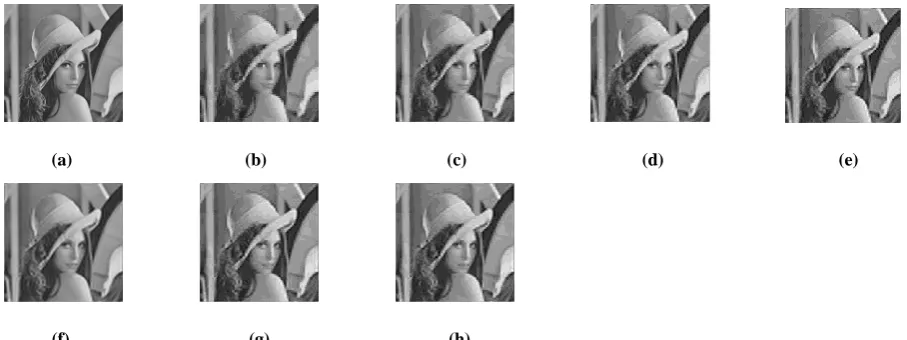 Fig 12: (a) Original ‘Lena’ image (b) Reconstructed image with db1 & BPNN (c) Reconstructed image with db2 & BPNN  (d) (f)                                        (g)                                        (h) Reconstructed image with db4 & BPNN (e) Reconst