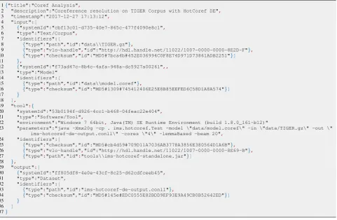 Figure 3: Example instance of process metadata for a single processing step in JSON. It describes an automatic analysisinvolving a coreference resolver as tool, a target corpus and trained model ﬁles as input and the result ﬁle as output.To conserve space, some values have been shortened and the default JSON layout has been condensed.
