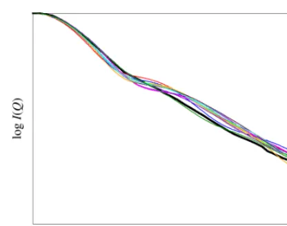 Fig. 5: Comparison of the theoretically produced scattering profiles (non-black colours) with a single experimental profile (black)