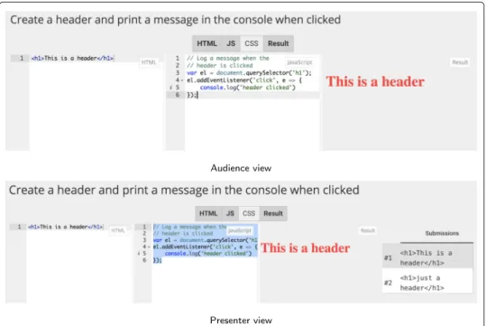 Fig. 2 Example of an < asq-fiddle-q> question type element that allows students to build a webpage with HTML, CSS and JavaScript
