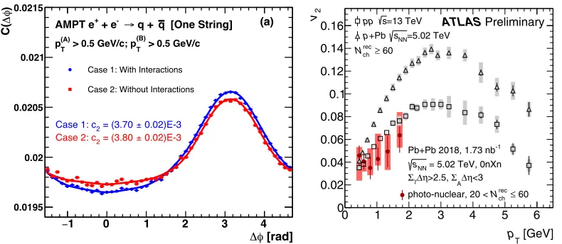 Figure 3. Left:between the outgoing quarks, from Ref. [27]. Two-particle ∆φ distributed in an AMPT simulation of e+e− → qq¯ events with a single string Right: Measured v2 in photo-nuclear events, compared to that inpp and p+A events, from Ref