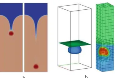 Figure 2(a) A solid particle with a slippery surface falling in a binary ﬂuid (Brannick et al., 2015); (b) An example of adaptive local reﬁnement in3D used in Boyer et al