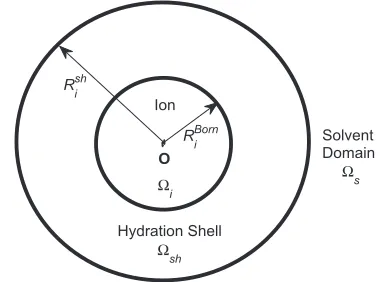 FIG. 1. ThemodeldomainΩsolvent domainispartitionedintotheiondomainΩi (withradiusRBorni), the hydration shell domain Ωsh (with radius Rshi ), and the remaining Ωs.