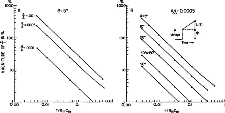 FIGURE 5. to Plots showing the relative importance of the spatial term (0) comparedthe isopotential term L(t) as a function of the time following the application of astep function of current
