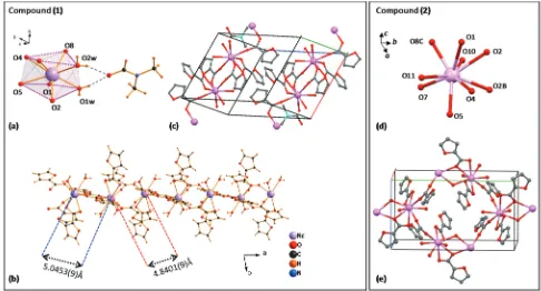 Fig. 1Left: structure of complex (1): (a) coordination environment of Nd(III) ion; (b) 1D polymeric chain running along the a-direction; (c) 3D struc-ture; right: structure of complex (2): (d) coordination sphere; (e) 3D structure, showing the polymeric chain running along the b-axis.