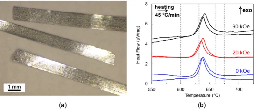 Figure 1.Figure 1. (a) Optical micrograph of the ‘wheel side’ of the Nd2Fe14B + TiC melt-spun ribbons and (bDSC curves showing the exothermic peak during crystallization of the Nd2Fe14B as-spun ribbons at zero-field (blue) and applied fields of 20 kOe (red