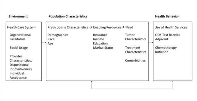 Figure 2. Andersen's Behavioral Model (adapted) describes how environmental factors, including  health system factors influence health services use [1] (Aim 3))