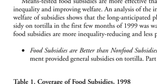 Table 1. Coverage of Food Subsidies, 1998