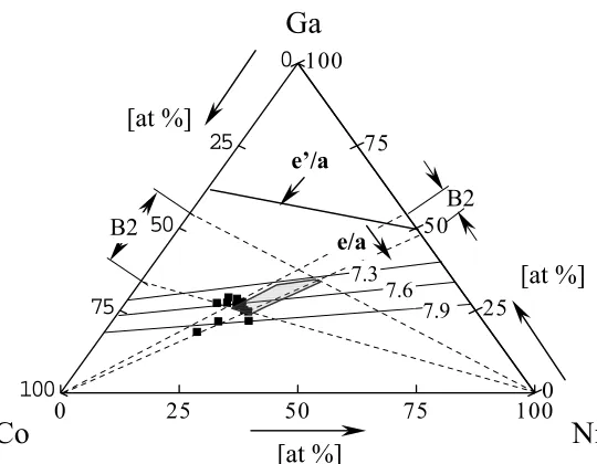 Figure 3:  Microstructure of Co2NiGa alloys:  a. Co rich precipitates and Ga-rich matrix with martensite formations in a Co50Ni23.5Ga26.5 alloy;  b
