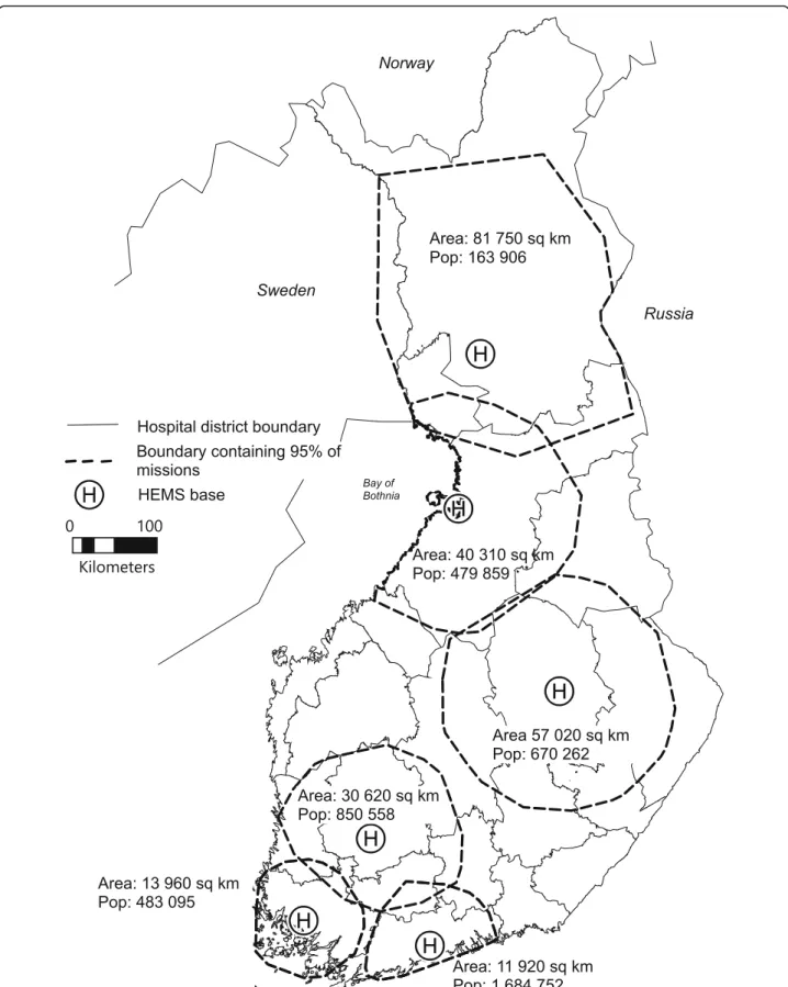 Fig. 3 Convex hull-based service areas containing 95% of accepted missions in 2017 for all Finnish HEMS bases
