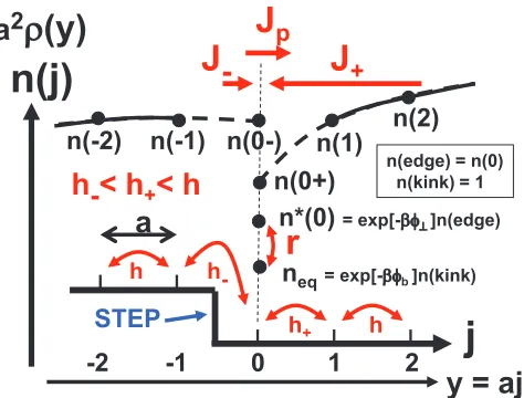 FIG. 3. Schematic of our discrete 1D DDE model. nδcoincides withthe adatom density on rowto the step edge