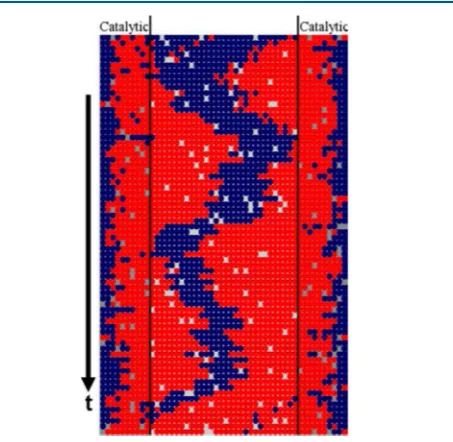 Figure 29. Long-time evolution of the concentration proﬁles for A → Bconversion with SFD and χ = 0.8, where �R sites on each end are catalyticand those in the center are inert