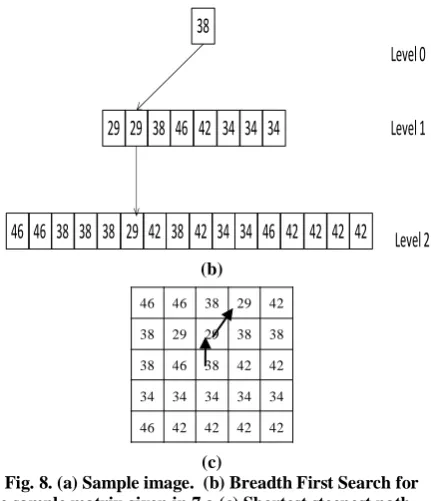 Fig. 8. (a) Sample image.  (b) Breadth First Search for (c) the sample matrix given in 7.a (c) Shortest steepest path 