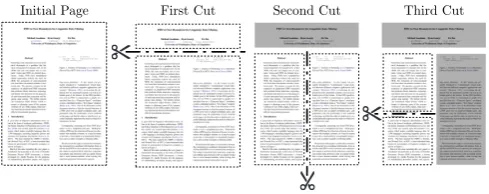 Figure 2: An illustration of the XY-Cut algorithm re-cursing on a document. The regions created by thecurrent cut (if any) are represented by a dotted border,while regions not under consideration at the currentrecursion are shaded.