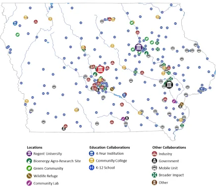 Figure 1: Iowa NSF EPSCoR activity locations during the 5+1-year project. 