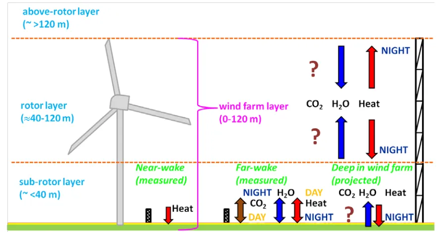 Figure 6: Idealized conceptualization of wind farm modification of surface and boundary layer  microclimate based on previous measurements and numerical simulations