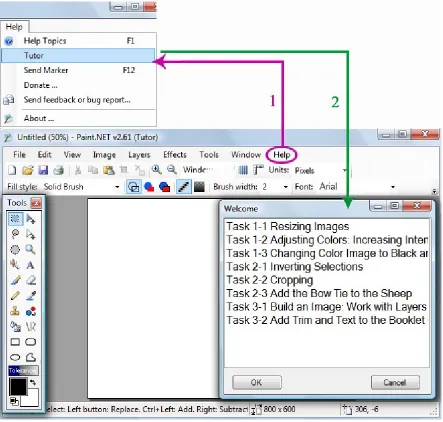 Figure 3: Paint.NET interface enhanced with ITS-tutor. A student activates the ITS-tutor by started, a student is presented with a list of tasks to choose from