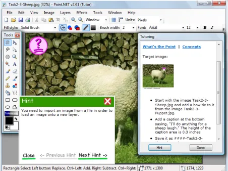 Figure 4: Paint.NET interface enhanced with ITS-tutor.  This screenshot shows the screen as it looks to a student in the middle of a problem