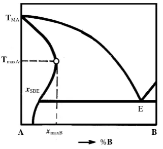 Figure 1.  Phase diagram with a retrograde solubility of B component (in diagram form)