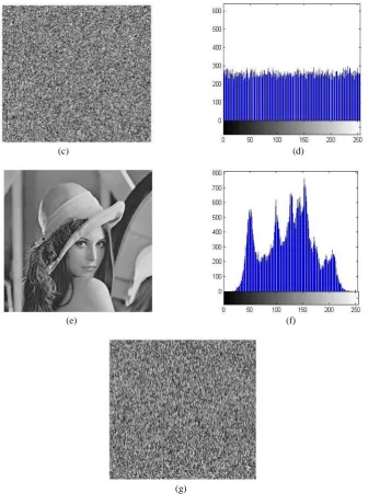 Fig 2: Experimental Result (a) Original Image (b)Histogram of the Original Image (c) Encrypted Image with µ=3.61 (d) Histogram of the Encrypted Image (e) Decrypted Image (f) Histogram Of the Decrypted Image (g) Decryption of the original 