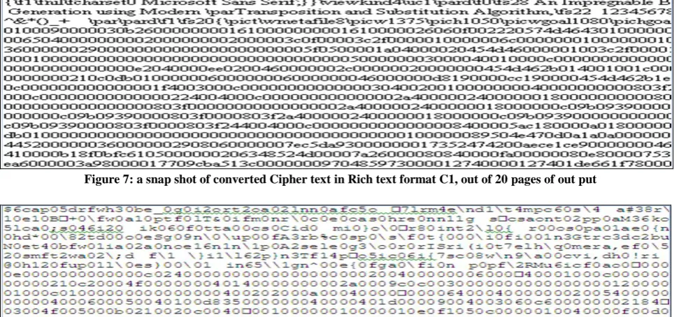 Figure 7: a snap shot of converted Cipher text in Rich text format C1, out of 20 pages of out put 