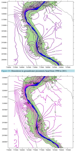 Figure 13. Drawdown in groundwater pizomteric head from 1990 to 2011.        