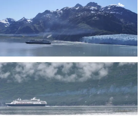 Figure 1. Photos of emission plumes from cruise-ships in Glacier Bay. Due to low level inversions and weak winds, exhaust smoke does not readily es-cape or diffuse