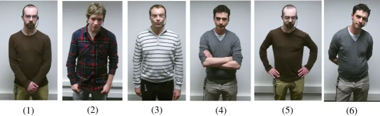 Figure 2: Examples of rest poses: (1) hands crosseddown, (2) hand inpocket, (3) hand along, (4) hands crossed, (5)hands onhips, (6) hands behaind.