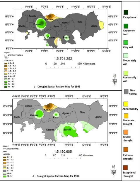 Figure 6. Drought spatial pattern map for 1987, 1990, 1993 and 1996 over the study area