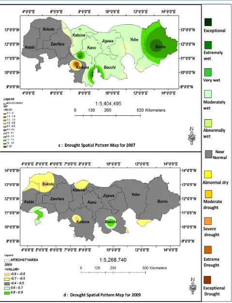 Figure 7. Drought spatial pattern map for 2004, 2005, 2007 and 2009 over the study area