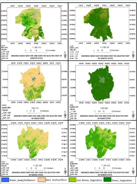 Figure 9. Greenness index maps for some selected part of the study area.                                                