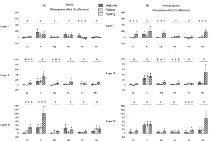 Figure 2. Rhizosphere effect for major elements under beech (A) and Norway spruce (B) for the three depths (layer I: 0 - 3 cm, layer II: 3 - 10 cm, and layer III: 10 - 23 cm) and the three seasons (autumn, winter, and spring)