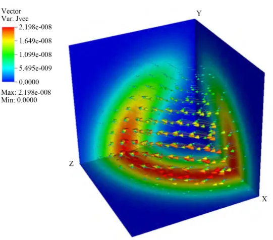 Figure 12. Visualization of the Boronin current in the shock-heated air shell. The current rotates about the Earth’s magnetic field vector B0 , which is aligned with the y-axis