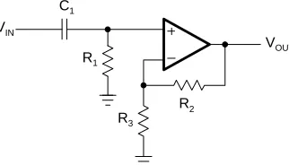 Figure 16–25 and 16–26 show a first-order high-pass filter in the noninverting and the in-verting configuration.