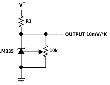 Figure 3.1. Typical Connection for LM135, LM235, and LM335. Adjust the potentiometer for the correct outputvoltage at a known temperature (for example 2.982V @ 25°C), to obtain better than ±1°C accuracy over the 