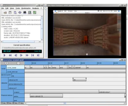 Fig. 1. ANVIL Annotation Tool. The top of the figure depicts a video recording of the Instruction Giver and Instruction Follower’s view of the simulated 3D world