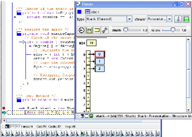 Figure 8. Part of jGrasp’s dynamic and static visualization of program using stack structure implemented with  arrays