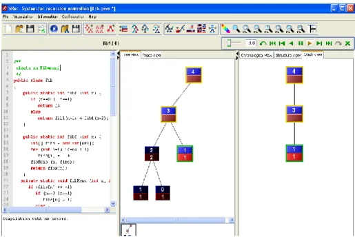 Figure 4.Part of visualizing the program for finding the n-th member of the Fibonacci sequence with SRec  (static visualization, tree view and stack view)