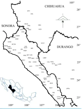 Figure 1. Selected stations of the North Pacific Watershed. Lower left inset: General extension of the North Pacific Watershed in Mexico