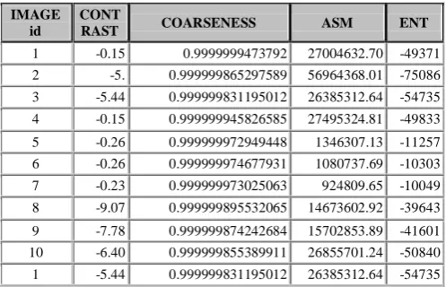 Table 1:  Extracted sample values of Haralick features  