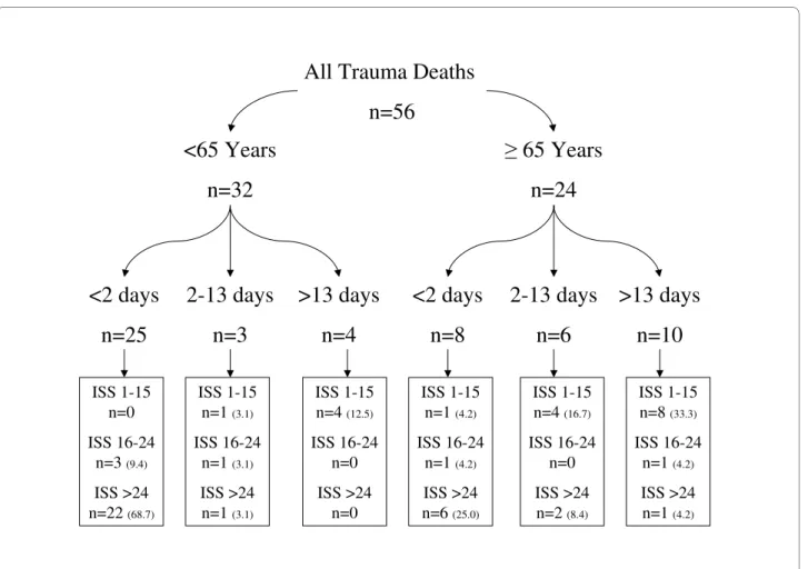 Figure 1 Flow diagram for the 56 deaths divided according to age, time from injury and ISS (% for age group).