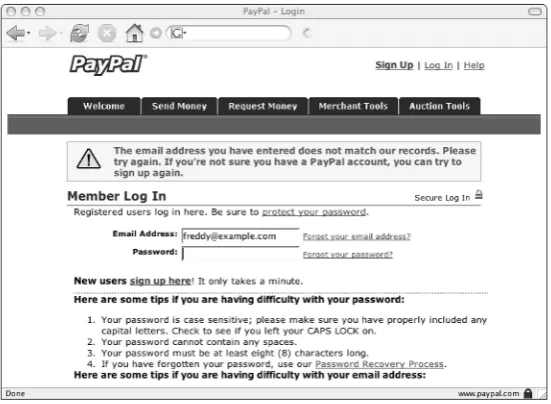 Figure 3-12The phishing website has checked my login while transferring me to the realPayPal site, so now the phisher knows that the information I gave was bad.