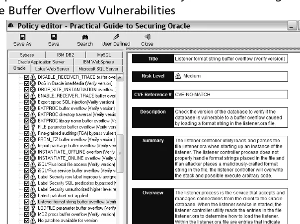 Figure 3.2 AppDetective Database Vulnerability Scanner Showing Checks forVarious Oracle Buffer Overﬂow Vulnerabilities
