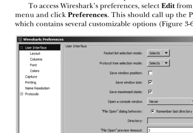Figure 3-6: You can customize Wireshark in the Preferences dialog.