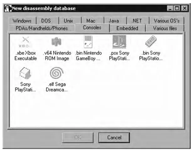 Figure 1.1 IDA Pro’s Disassembly Database Chooser Loads Upon Start