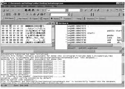 Figure 1.2 IDA Pro Disassembles instantmsgrs.exe, a WootBot Variant
