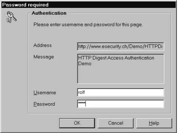 Figure 2.3The Opera 6.0 ‘Password required’ prompt using the HTTP digest accessauthentication scheme