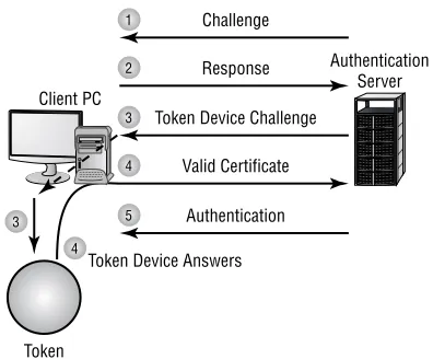 Figure 1.9 depicts a user inserting a smart card into a reader to verify identity. The reader is 